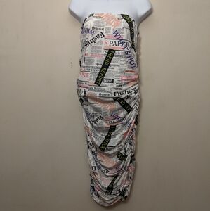 Almost Famous Strapless Newspaper Print Dress